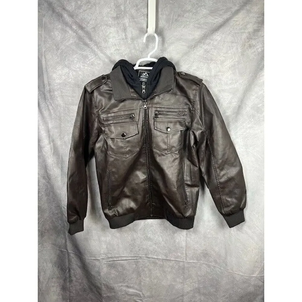 Men's Faux Leather Jacket w/ Removable Hood Motorcycle Jacket Causal Warm Small